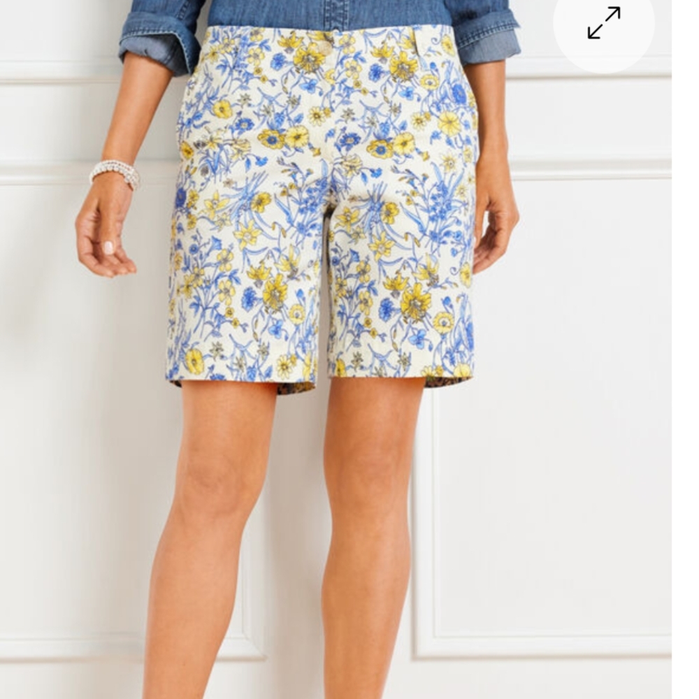 Talbots Whimsy Garden Blue and Yellow Floral Women's Relaxed Chino Shorts 7" - Picture 12 of 14